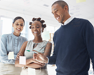 Image showing Writing, glass and business people in collaboration, teamwork and schedule, project priority or job solution. Sticky notes, planning and happy women, man and team with board for ideas in meeting