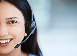 Image showing Happy woman, call center and face closeup on mockup for customer service or telemarketing at office. Female person, consultant agent or virtual assistant with smile and headphones for online advice