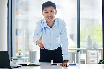 Image showing Professional, man and portrait with handshake for deal at company with asian or entrepreneur. Introduction, partnership and business person for interview with collaboration and smile at startup.