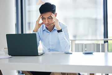 Image showing Business, stress and Asian man with a headache, laptop and glitch with internet error, network and overworked. Male person, tired employee and consultant with a pc, migraine and anxiety with fatigue