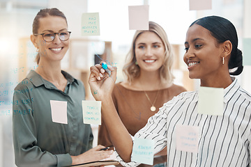 Image showing Meeting, planning and a business woman writing on glass with her team for strategy or brainstorming in an office. Collaboration, coaching and leadership with a female employee teaching her colleagues