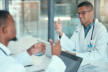 Image showing Meeting room, talking and team of doctors for advice, problem solving and solution or ideas in healthcare service. Happy medical man or people in conversation, support and collaboration for clinic