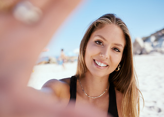 Image showing Woman, beach selfie and smile on holiday with beauty, outdoor or summer vacation in sunshine and blog. Girl, happy influencer and photography for travel, social media and portrait in Rio de Janeiro