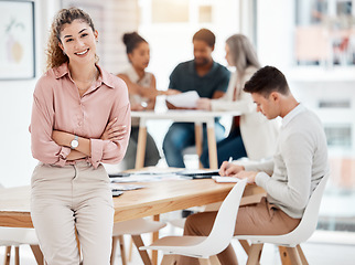 Image showing Portrait, workspace and business woman arms crossed for career leadership, employees management and confidence. Happy manager or person in startup company, creative workplace and design team leader