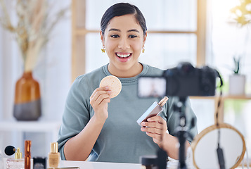 Image showing Makeup influencer, skin care and happy woman live streaming tutorial for cosmetics, social media or skincare. Make up, stream and content creator girl with smile, product broadcast and beauty channel