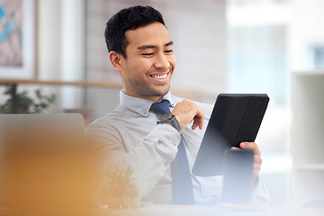 Image showing Tablet, happy and business man in office for stock market growth, investment results and profit, trading or exchange news. Asian person or accountant smile, reading report or review digital finance