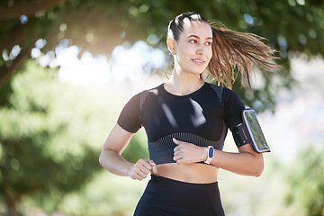 Image showing Running, fitness and woman with exercise, training and wellness with cardio, health and sports. Female person, athlete and runner in a park, practice and workout goal with energy, progress and speed