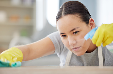 Image showing Spray, table and cleaning with a woman housekeeper using disinfectant to remove bacteria in a home. Safety, surface and hygiene with a young female cleaner working in a house living room for service