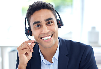 Image showing Portrait, call center and business man smile in office for support, customer service or telemarketing. Face, contact us and sales agent, crm consultant and person from Brazil consulting at help desk.