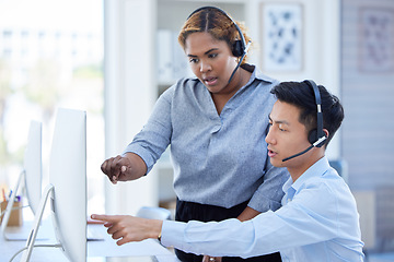 Image showing Computer, training and call center with business people in office for help, advice and customer support. Telemarketing, coaching and woman mentor with asian man online for crm, faq and contact us