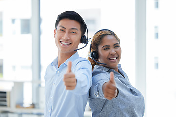 Image showing Call center, thumbs up and portrait of business people in office for teamwork, achievement and support. Customer service, target and motivation with Asian man and woman for thank you, emoji or winner