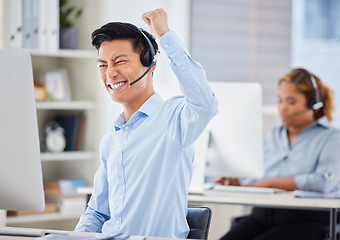 Image showing Telemarketing, business man and success cheer of staff with good news and promotion email. Motivation, contact us and call center Asian employee with fist and winner gesture in office with support