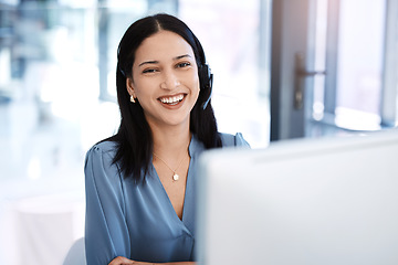 Image showing Happy woman, call center and portrait smile in customer service, support or telemarketing at the office. Friendly female person, consultant or agent smiling for virtual assistant or online advice