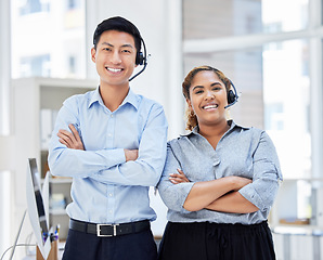 Image showing Call center, portrait and team smile together in office with headset for telemarketing sales. Diversity workplace for man and woman agent with arms crossed for customer service or contact us support