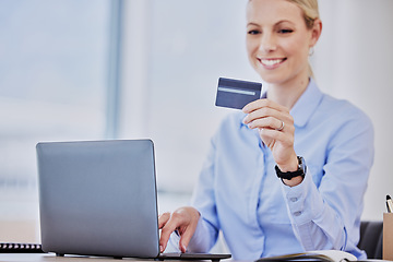 Image showing Business woman, laptop and credit card with online shopping, smile and cybersecurity at desk. Young female entrepreneur, e commerce and happy with payment, password or info for discount, sale or deal