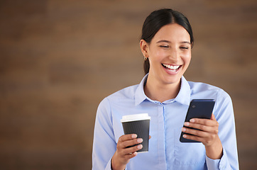 Image showing Professional woman, laughing with smartphone and coffee break with social media and communication. Female worker relax, using phone with drink in hand and funny meme or online chat with mockup space