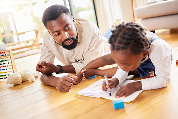 Image showing African father, girl and floor for drawing, paper and learning together with help, love and care in home lounge. Black man, daughter and teaching with toys, notebook and helping hand in family house