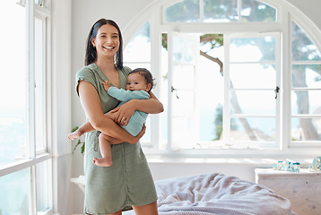 Image showing Portrait, happy mother and holding baby in home for love, care or quality time together for childcare development. Mom carrying infant kid, newborn girl and smile in support, comfort and nursery room