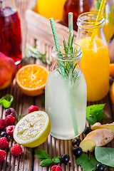 Image showing Preparing refreshing summer drinks and lemonade with fruits and berries