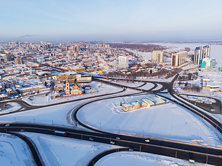 Image showing Aerial shot of bridge and car driving on the bridge