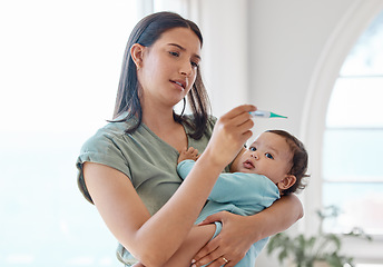 Image showing Mom, sick baby and thermometer for medical risk, assessment results and flu infection at home. Mother testing temperature of infant kid, child and check for fever, virus and worried about health