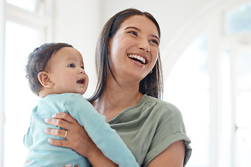 Image showing Mother, baby and laughing in home for love, care and thinking of happy future together in support, growth and childcare. Mom, infant and daydream with newborn girl, kid and happiness of parenting