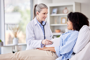 Image showing Pregnant woman, doctor and stethoscope in hospital service, healthcare and clinic advice, exam or heart test. Medical, gynecologist or people for gynecology, pregnancy health and listening to stomach