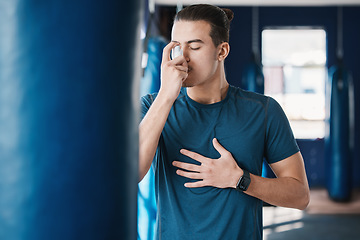 Image showing Asthma pump, breathe and man with fitness, medicine and wellness spray for health. Breathing, inhaler and lung relief with a male person in a gym with workout and medical problem support for care