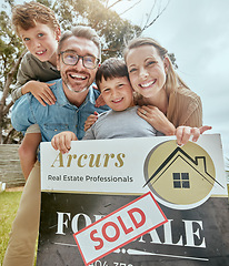 Image showing Parents, kids and real estate sale with poster, portrait and smile for new home, start and investment for future. Father, mother and boy children with sold sign, property investing and family house