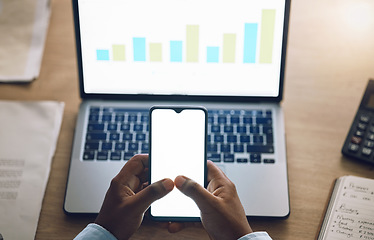 Image showing Phone mockup, business person and data analysis on laptop screen, financial research and increase or growth in graphs. Charts, stats and financial people hands on mobile app, ux ui space and computer