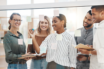 Image showing Meeting, coaching and a business woman writing on glass with her team for strategy or brainstorming in an office. Collaboration, planning and leadership with a female employee teaching her colleagues