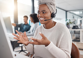 Image showing Telemarketing, woman and crm at call centre with communication is happy with headset for online consultant. Customer service, agent and talking at office with a computer with employee at a help desk.