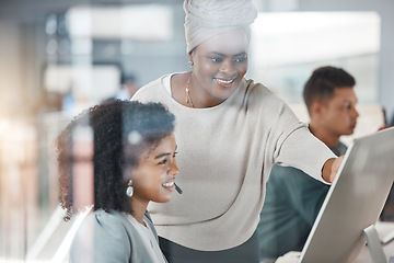 Image showing Call center, training and black woman with employee on computer for customer service, support or telemarketing. Coaching, sales agent and mentor teaching intern crm, help desk and learning consulting