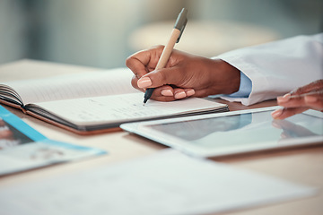 Image showing Notebook, writing and doctor hands on tablet for healthcare research, schedule app and clinic planning. Medical person on digital technology and journal for telehealth, notes and reminder or planner