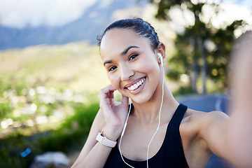 Image showing Happy woman, fitness and portrait smile for selfie, photo or profile picture in social media or online post in nature. Female person, athlete or runner smiling for photo, memory or vlog outdoors