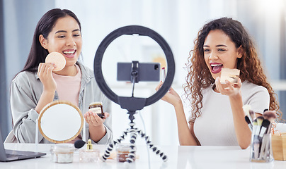 Image showing Influencer women, makeup tutorial and friends with beauty blog, together and wellness with teaching on web. Girl, teamwork and cosmetics on social media with product, ring light and talk to audience