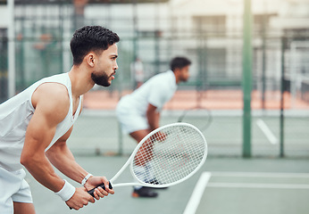 Image showing Man, tennis and team is ready on a court for game and exercise with wellness in india. Male athlete, together and racket competition with fitness for a challenge with a workout in the outdoor.