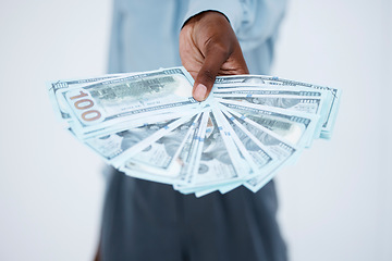 Image showing Hand, cash and businessman with notes of money from lottery, investment or financial achievement at work. Hands, business opportunity and invest euro for bonus or future savings profit in dollars