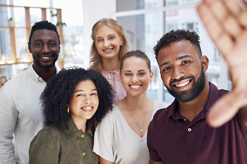 Image showing Group of people, diversity and corporate friends in selfie, happy in portrait with team, solidarity and business community. About us, professional of men and women in the office with smile in picture