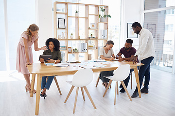 Image showing Documents, meeting and people in workspace for business startup, project management and review, teamwork or planning. Diversity, group of women and men or team talking on digital tablet or paperwork