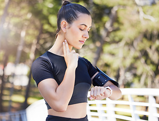 Image showing Woman runner, watch and neck for pulse in park, bridge or outdoor for fitness, health or training for sport. Girl, heart rate and check clock for running, performance or wellness in summer sunshine