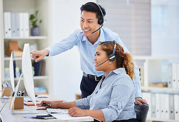 Image showing Customer support, training and manager with woman on computer for help, advice and assistance. Telemarketing, call center and female intern with Asian man boss for contact, crm service and consulting