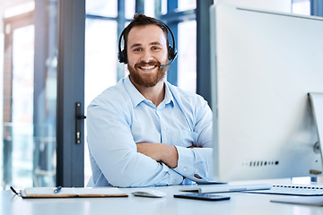 Image showing Call center, arms crossed and portrait of business man in office for customer service, communication and contact us. Help desk, advice and sales with male employee for networking and receptionist