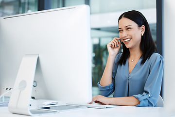 Image showing Happy woman, call center and laughing in consulting, customer service, support or funny discussion at office. Friendly female person, consultant or agent laugh with smile for fun joke in contact us