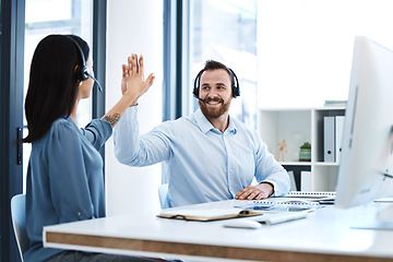 Image showing High five, callcenter team and contact us, phone call success and people celebrate in office. CRM, communication and solidarity in customer service, man and woman help desk consultant with motivation