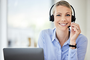 Image showing Customer service, portrait of woman call center agent and with headset at her modern office. Telemarketing or consultant, networking or crm and female person happy for support at workstation