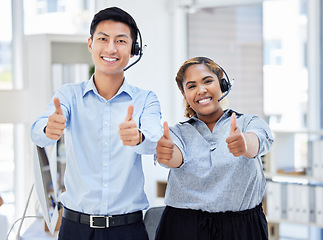 Image showing Call center, portrait and people with thumbs up for team success, support or customer service excellence. Telemarketing, group smile and like hand emoji for diversity, goals and thank you for sales.