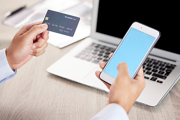 Image showing Business, credit card and green screen phone in hands for payment in office for online shopping website. Professional person on smartphone for ecommerce safety, app promotion or banking information