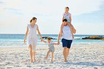 Image showing Vacation, holding hands and travel with family at beach for summer, happy and bonding. Freedom, support and ocean with parents and children walking ion seaside holiday for love, care and happiness