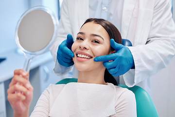 Image showing Dentist, mirror and portrait of woman with smile after teeth whitening, service and dental care. Healthcare, dentistry and female patient with orthodontist for oral hygiene, wellness and cleaning